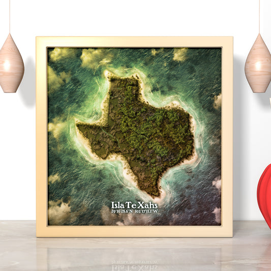 Texas state as an island print (Isla Te Xahs). Novelty art - Imagine your state as a desert island.