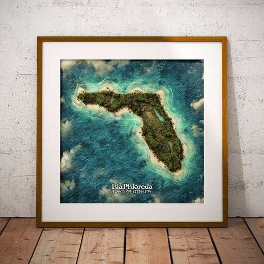 Florida state as an island print (Isla Phloreda). Novelty art - Imagine your state as a desert island.