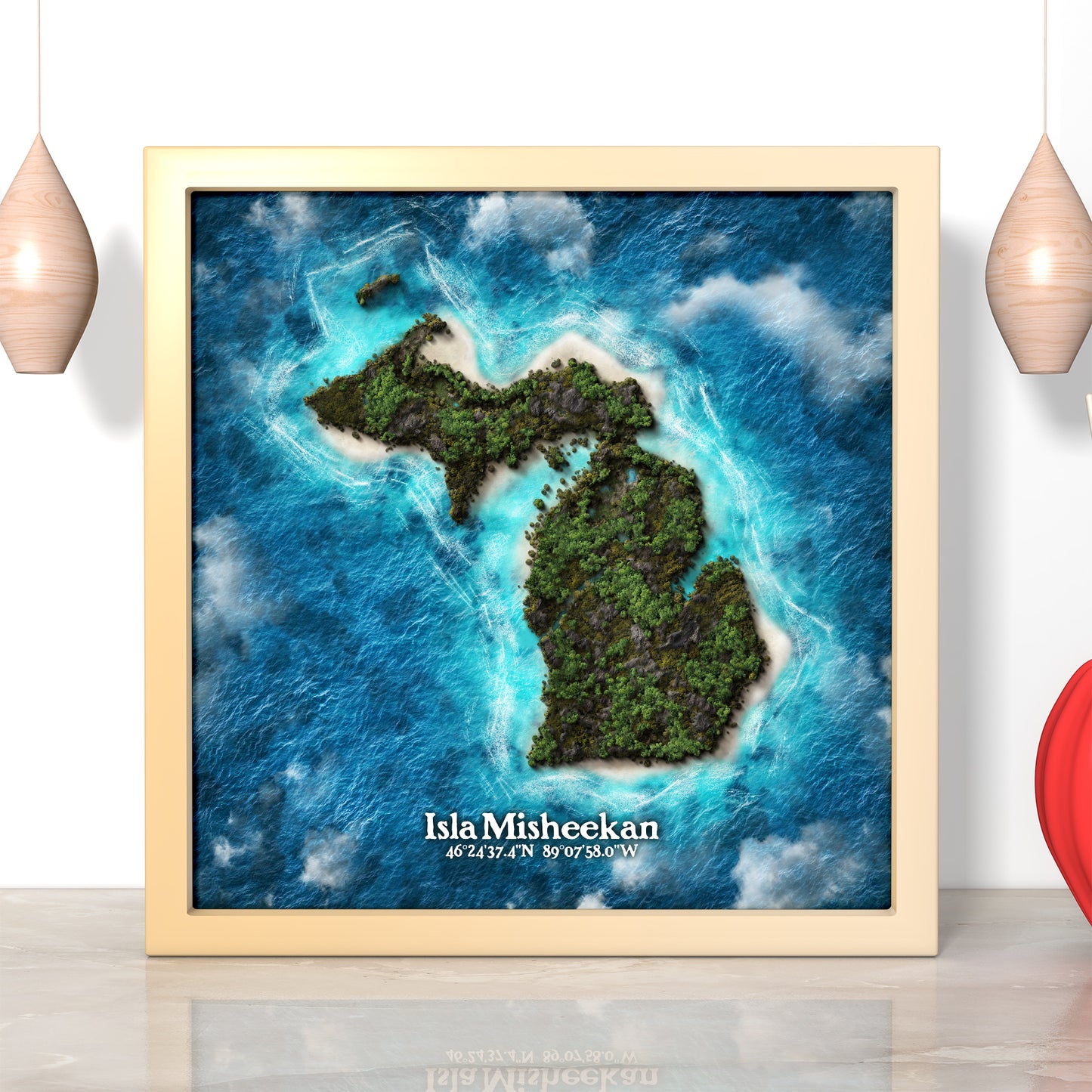 Michigan state as an island print (Isla Misheekan). Novelty art - Imagine your state as a desert island.