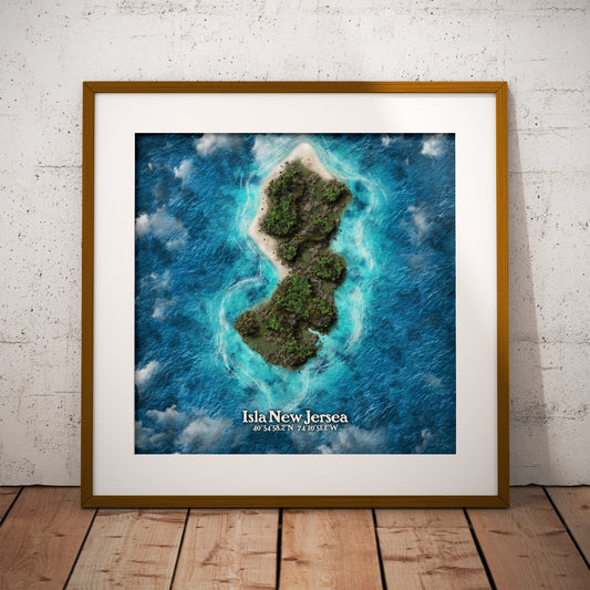 New Jersey state as an island print (Isla New Jersea). Novelty art - Imagine your state as a desert island.