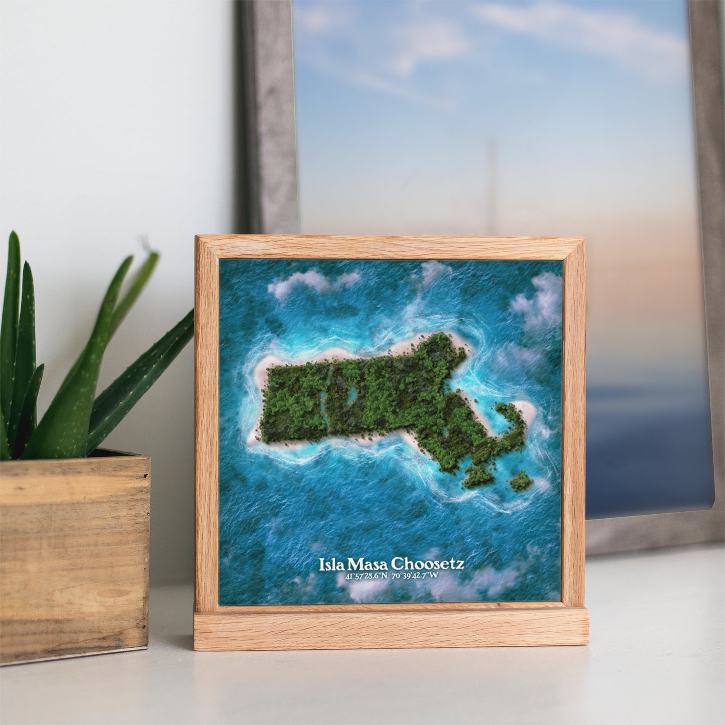 Massachusetts state as an island print (Isla Masa Choosetz). Novelty art - Imagine your state as a desert island.