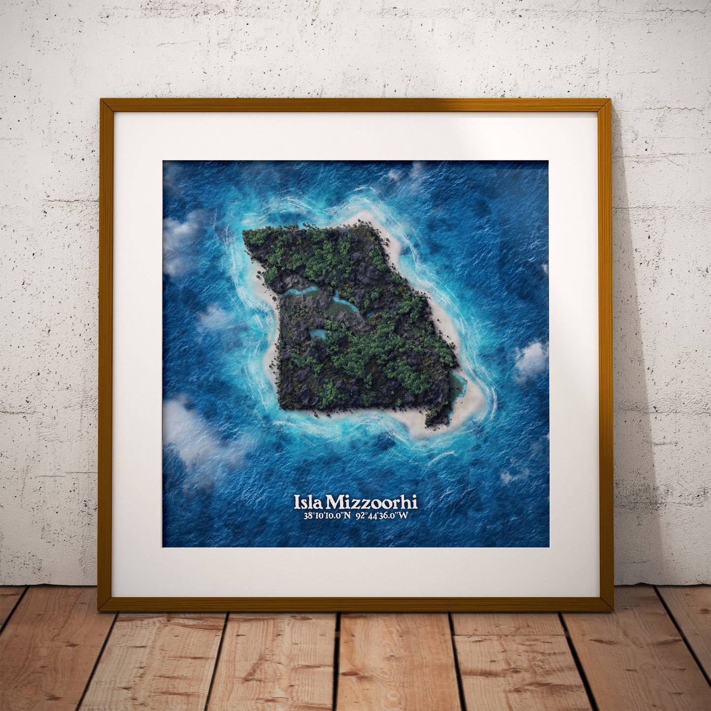 Missouri state as an island print (Isla Mizzoorhi). Novelty art - Imagine your state as a desert island.