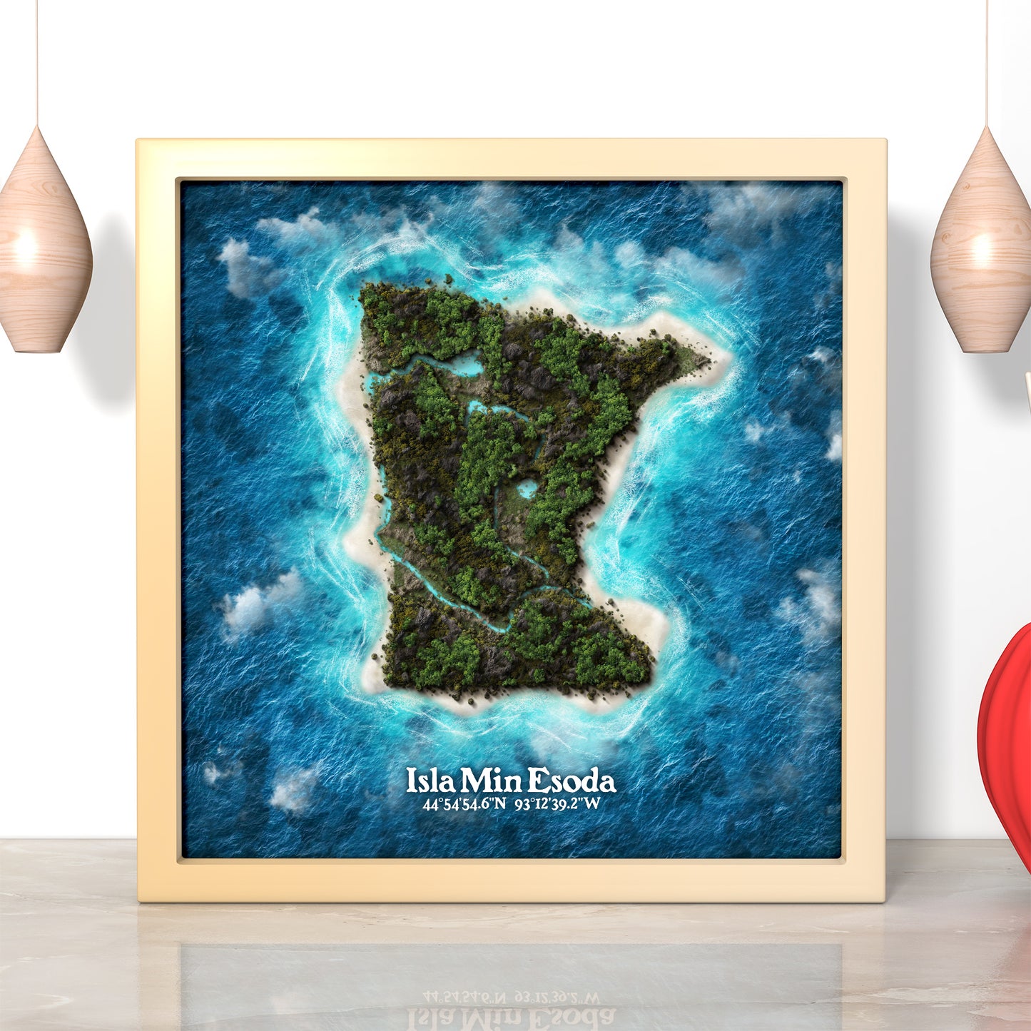 Minnesota state as an island print (Isla Min Esoda). Novelty art - Imagine your state as a desert island.