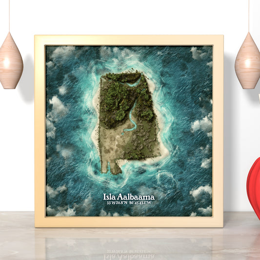 Alabama state as an island print (Isla Aalbaama). Novelty art - imagine your state as a desert island.