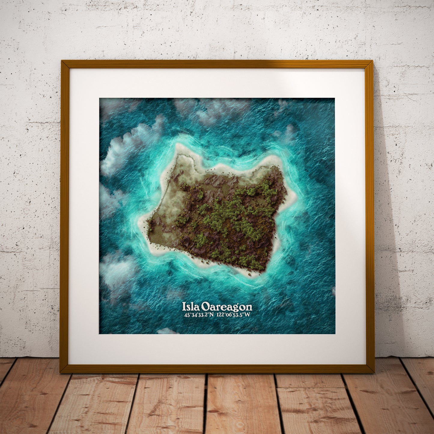 Oregan state as an island print (Isla Oareagon). Novelty art - Imagine your state as a desert island.