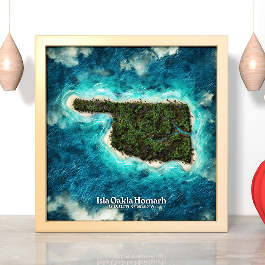 Oklahoma state as an island print (Isla Oakla Homarh). Novelty art - imagine your state as a desert island.