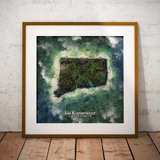 Connecticut state as an island print (Isla Konnetecut). Novelty art - imagine your state as a desert island.