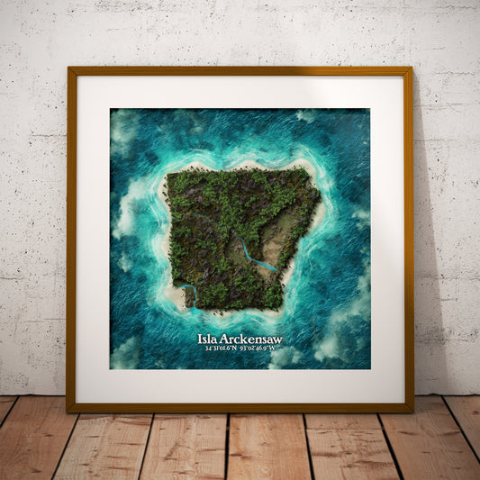 Arkansas state as an island print (Isla Arckensaw). Novelty art - imagine your state as a desert island.