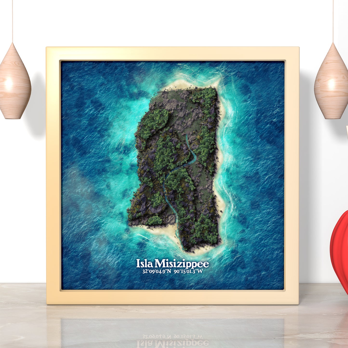 Mississippi state as an island print (Isla Misizippee). Novelty art - imagine your state as a desert island.