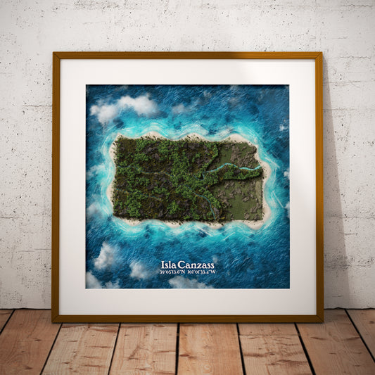 Kansas state as an island print (Isla Canzass). Novelty art - imagine your state as a desert island.