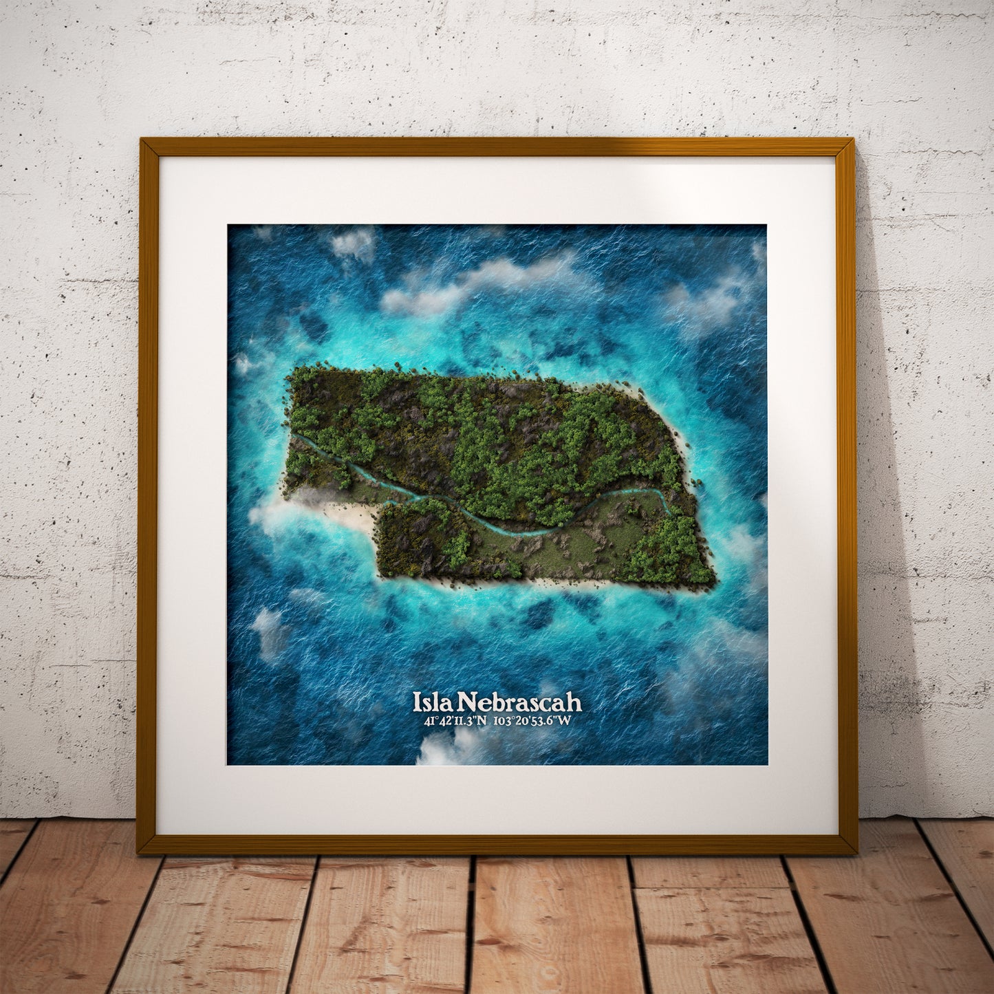 Nebraska state as an island print (Isla Nebrascah). Novelty art - imagine your state as a desert island.