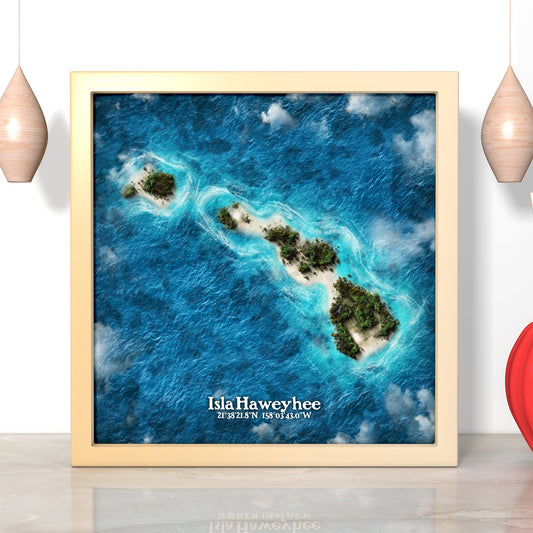 Hawaii as a series of desert islands print. (Isla Haweyhee) Novelty art - neat desk accessory.