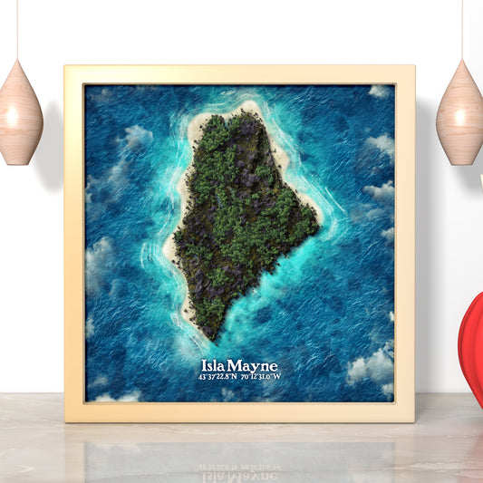 Maine state as an island print (Mayne). Novelty art - Imagine your state as an island.