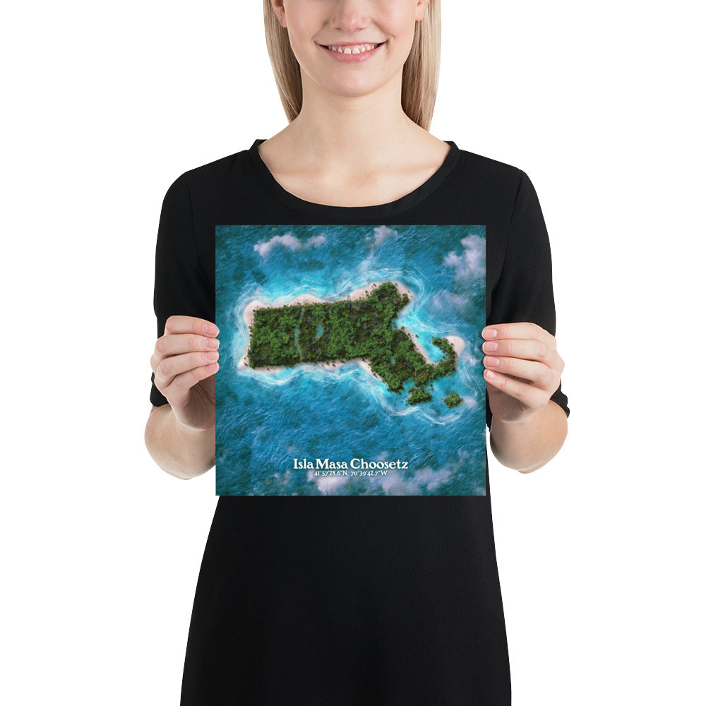 Massachusetts state as an island print (Isla Masa Choosetz). Novelty art - Imagine your state as a desert island.