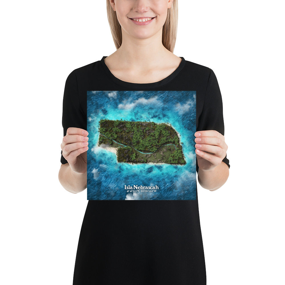 Nebraska state as an island print (Isla Nebrascah). Novelty art - imagine your state as a desert island.