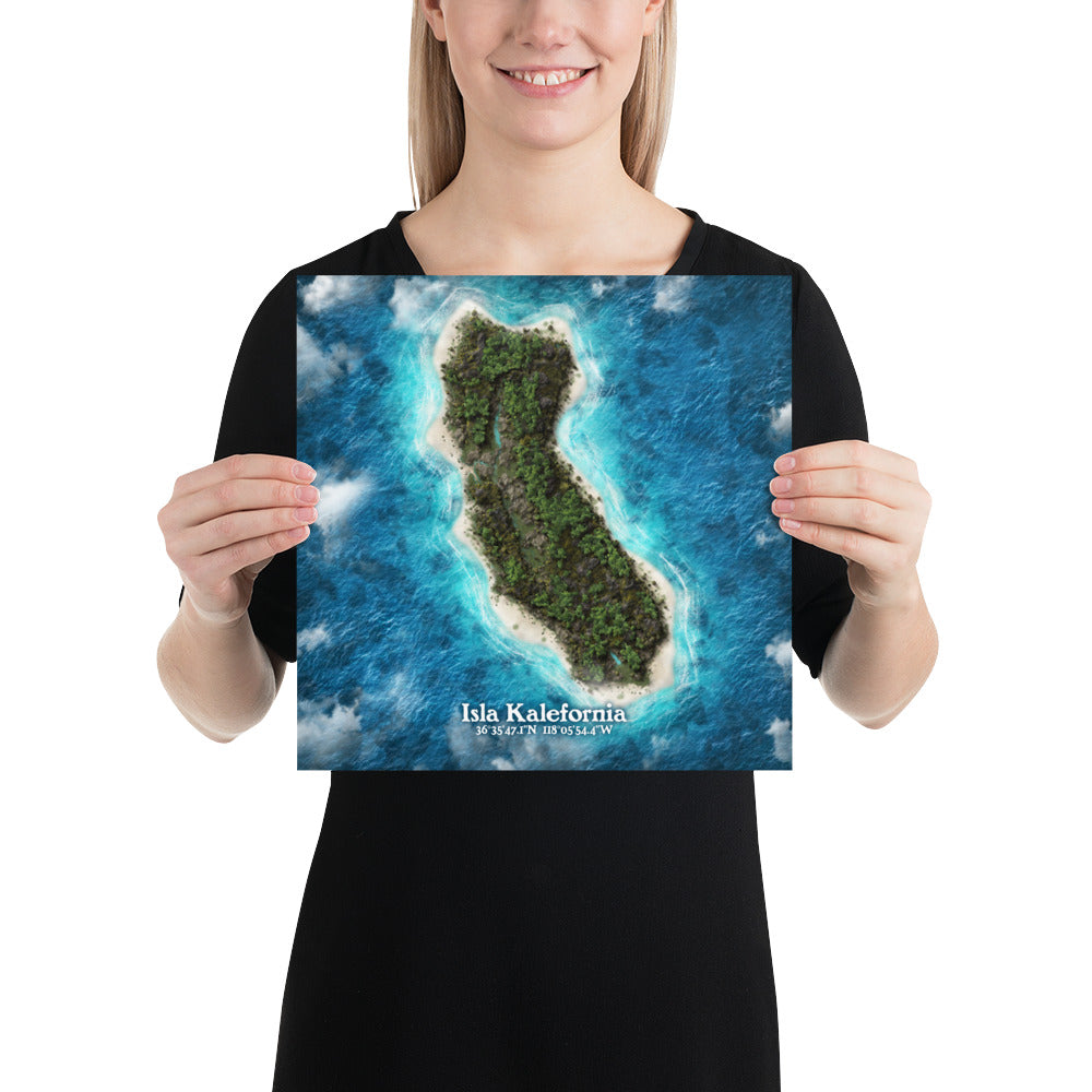 California state as an island print (Isla Kalefornia). Novelty art - Imagine your state as a desert island.