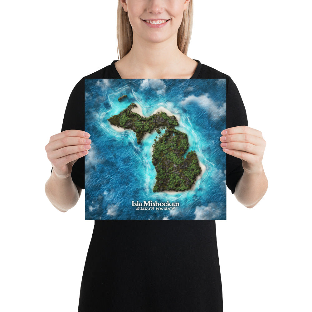 Michigan state as an island print (Isla Misheekan). Novelty art - Imagine your state as a desert island.
