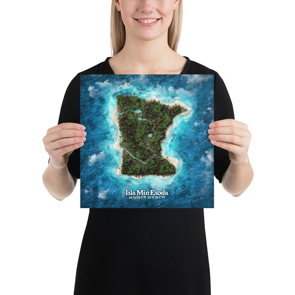 Minnesota state as an island print (Isla Min Esoda). Novelty art - Imagine your state as a desert island.