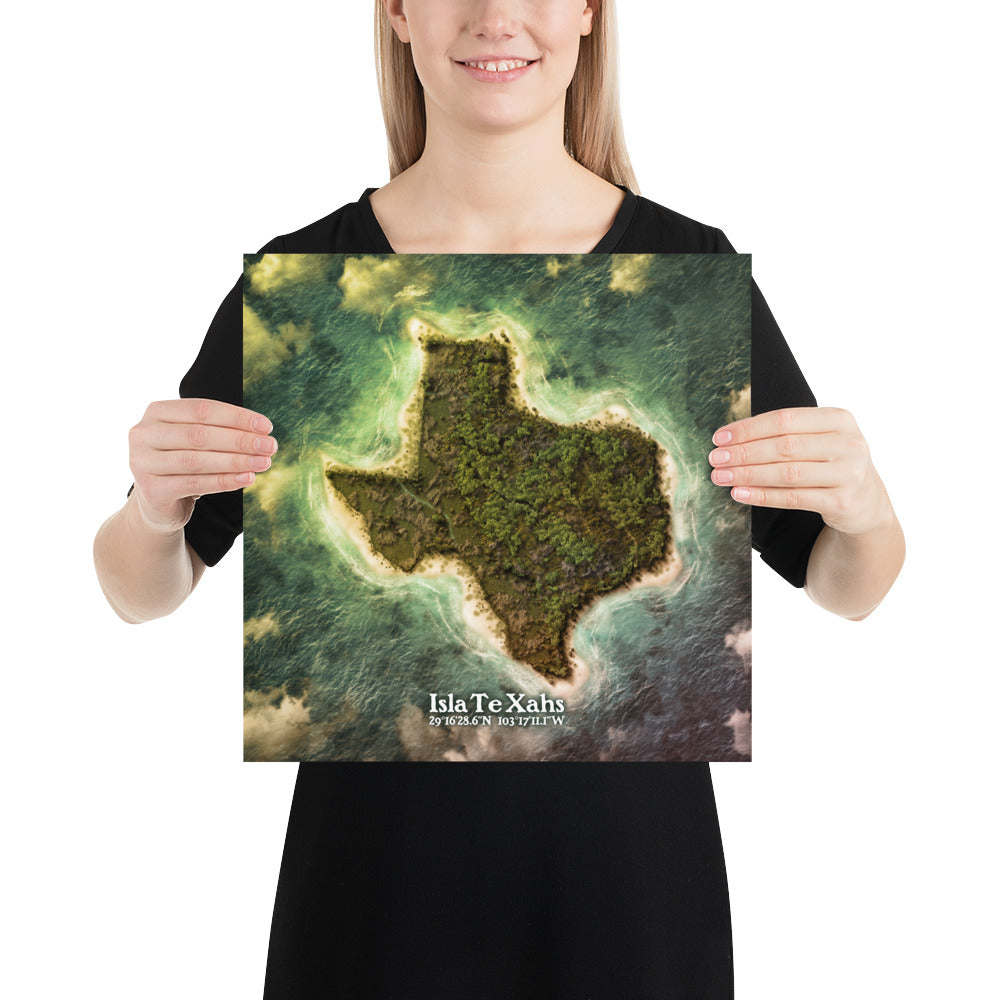 Texas state as an island print (Isla Te Xahs). Novelty art - Imagine your state as a desert island.