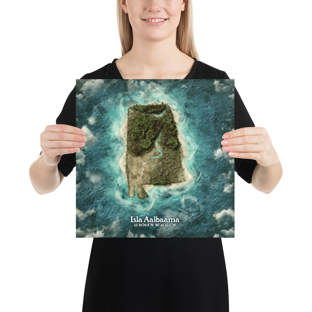 Alabama state as an island print (Isla Aalbaama). Novelty art - imagine your state as a desert island.