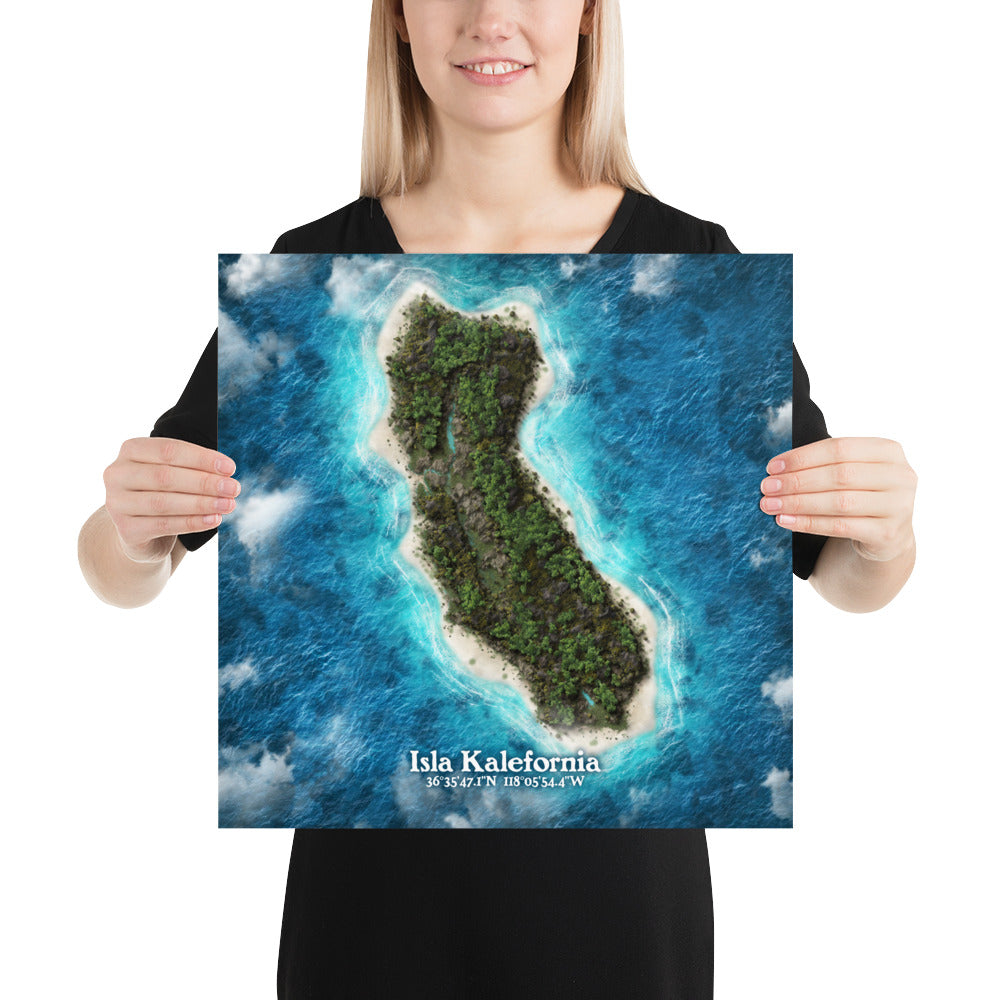 California state as an island print (Isla Kalefornia). Novelty art - Imagine your state as a desert island.