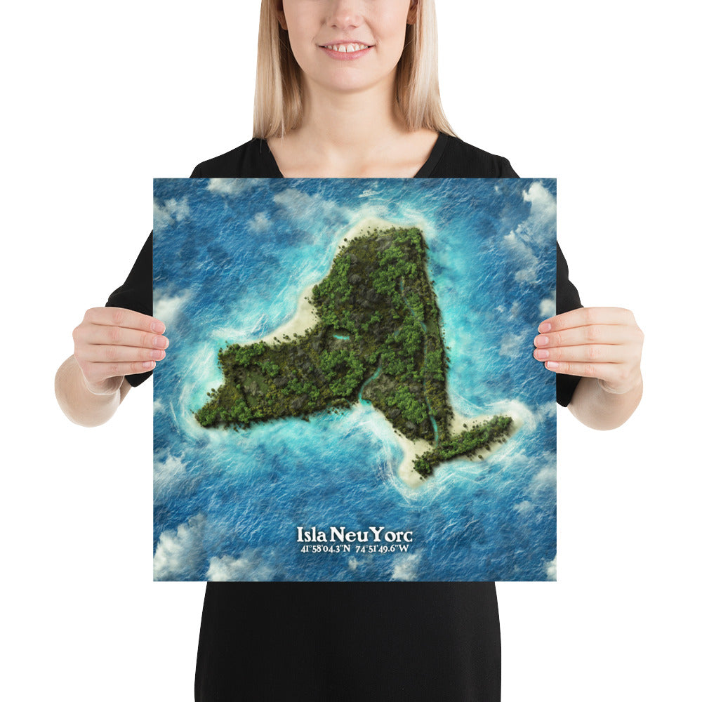 New York state as an island print (Isla Neu Yorc). Novelty art - Imagine your state as a desert island.