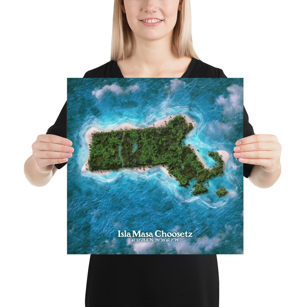Massachusetts state as an island print (Isla Masa Choosetz). Novelty art - Imagine your state as a desert island.
