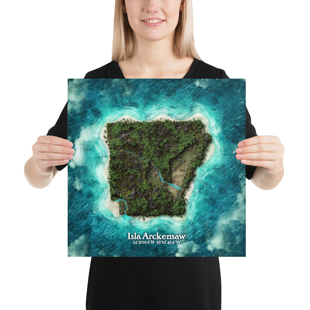 Arkansas state as an island print (Isla Arckensaw). Novelty art - imagine your state as a desert island.