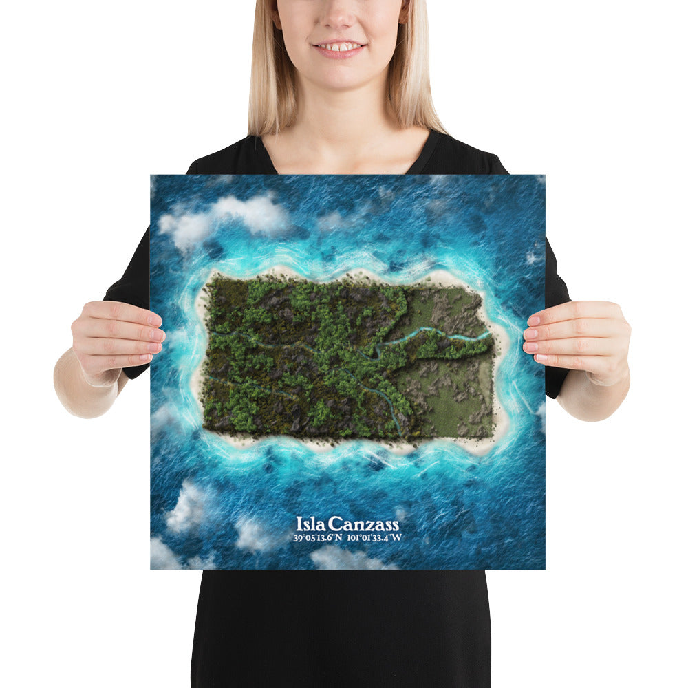 Kansas state as an island print (Isla Canzass). Novelty art - imagine your state as a desert island.