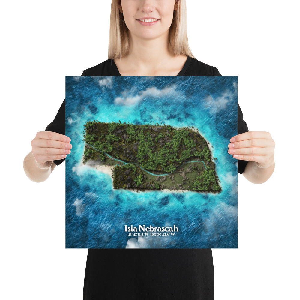 Nebraska state as an island print (Isla Nebrascah). Novelty art - imagine your state as a desert island.