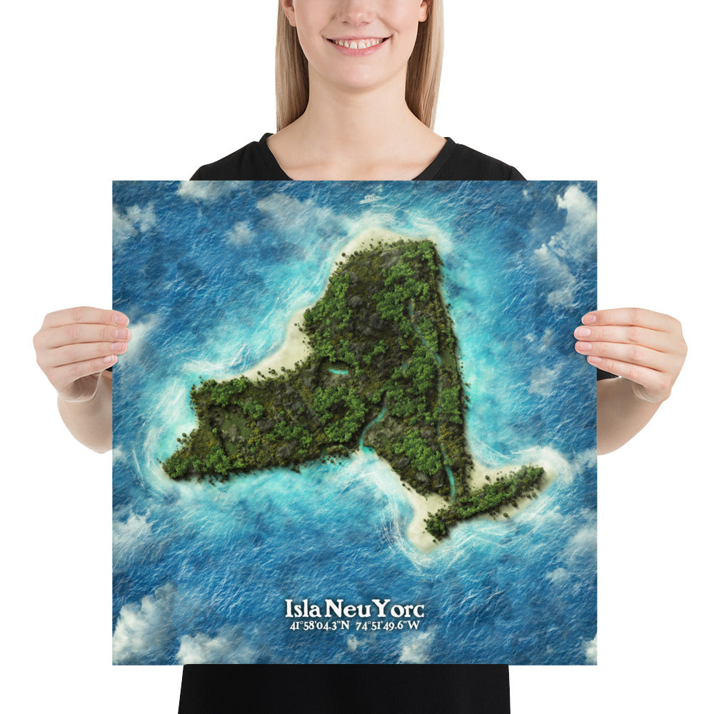 New York state as an island print (Isla Neu Yorc). Novelty art - Imagine your state as a desert island.