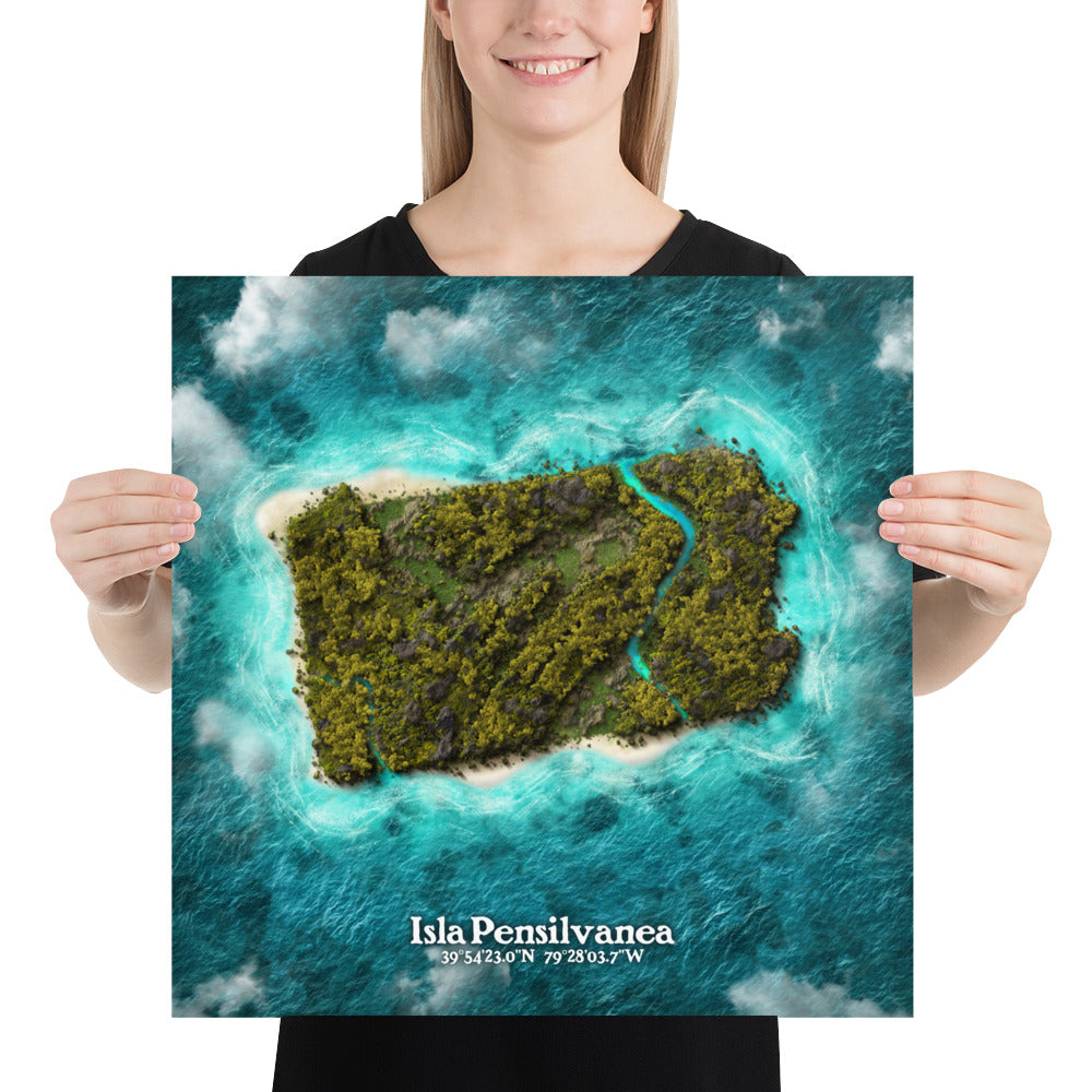 Pennsylvania state as an island print (Isla Pensilvanea). Novelty art -Imagine your state as a desert island.