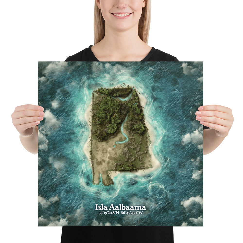 Alabama state as an island print (Isla Aalbaama). Novelty art - imagine your state as a desert island.