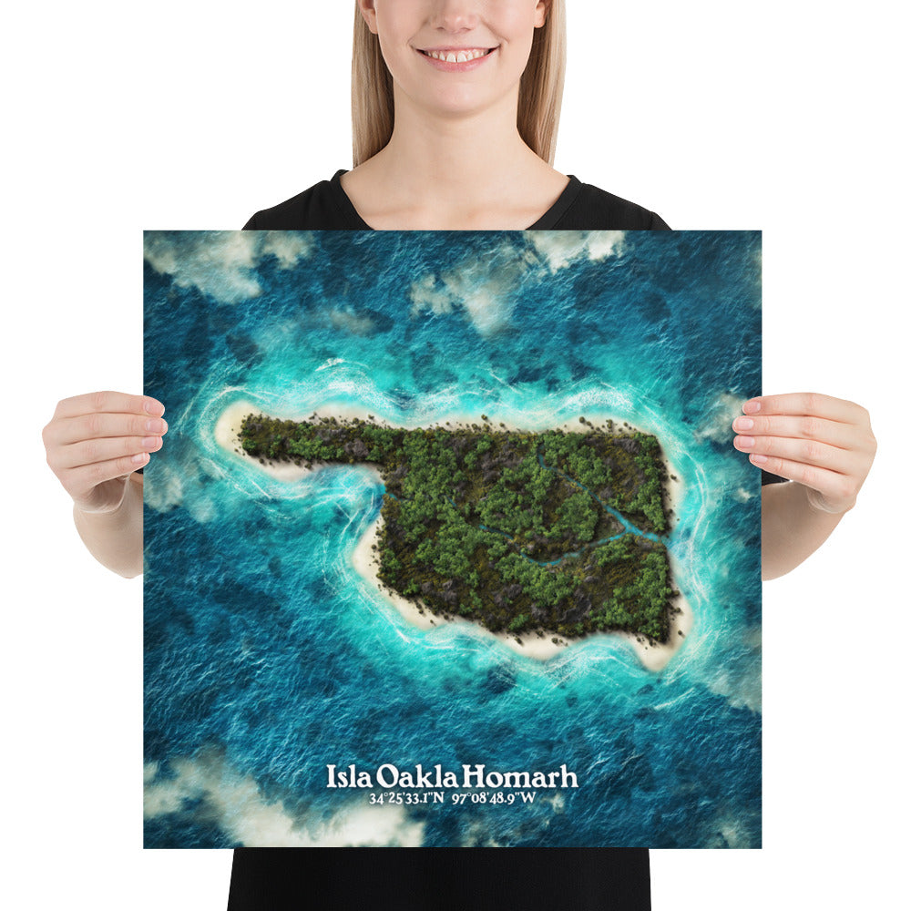 Oklahoma state as an island print (Isla Oakla Homarh). Novelty art - imagine your state as a desert island.