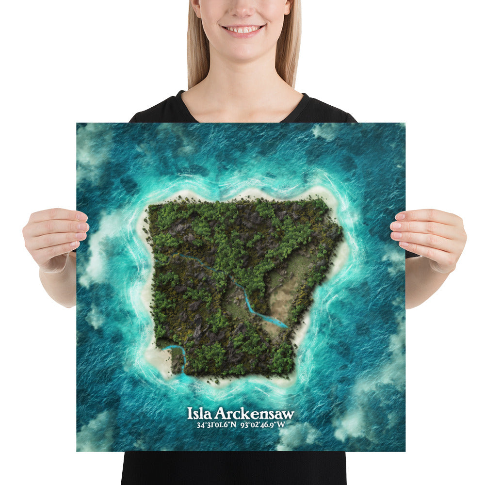 Arkansas state as an island print (Isla Arckensaw). Novelty art - imagine your state as a desert island.