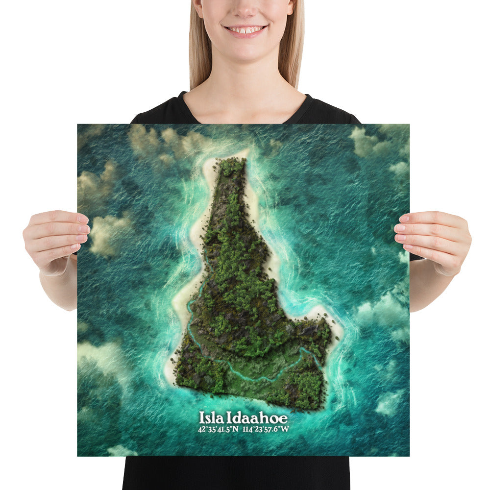 Idaho state as an island print, (Isla Idaahoe). Novelty print - imagine your state as a desert island